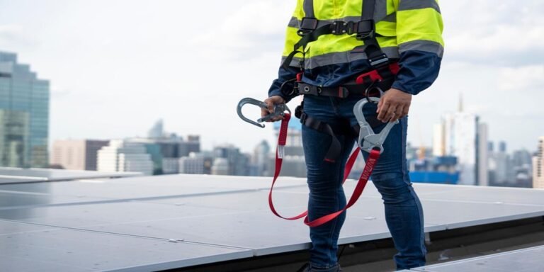 A man is wearing Polyester Webbing for Safety Harness